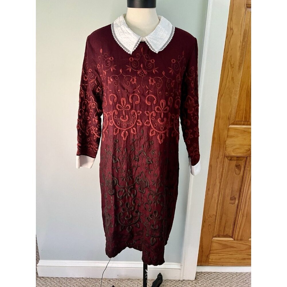 Top Shop Dress Embroidered SZ 12 Peter Pan Collar Twee Academia Wednesday Adams